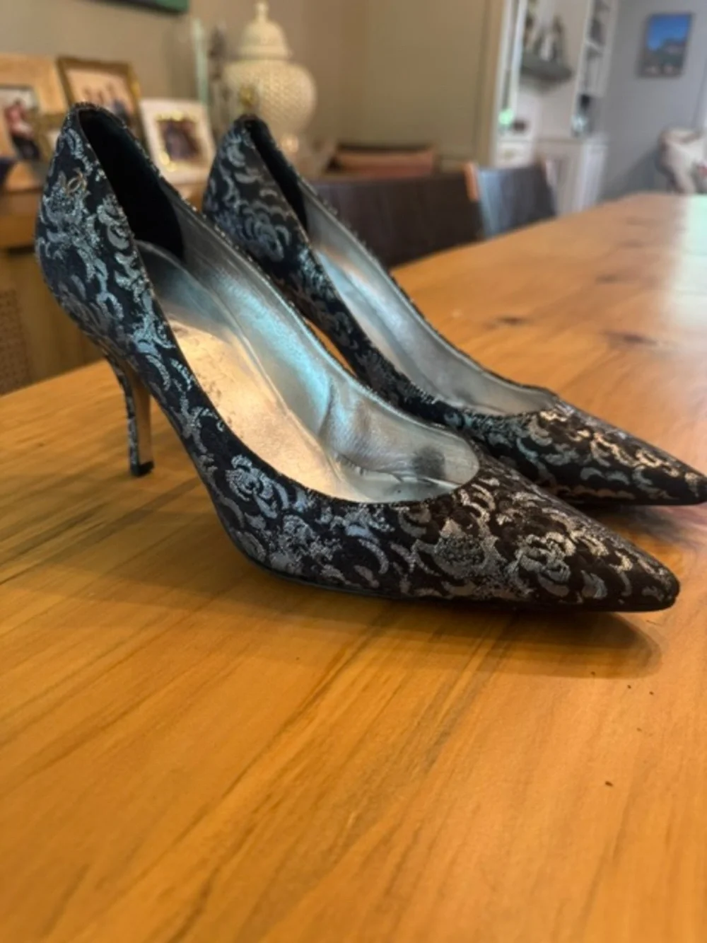 Chanel Brocade Fabric Pointed Toe Pumps Black Silver Metallic Heels